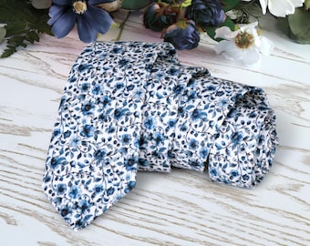 Slate Blue Floral Tie - Blue Chinoiserie Floral Wedding Ties,  Dusty Blue Men's skinny tie, Groomsmen Neckties, Steel Blue Tie, Handmade Tie