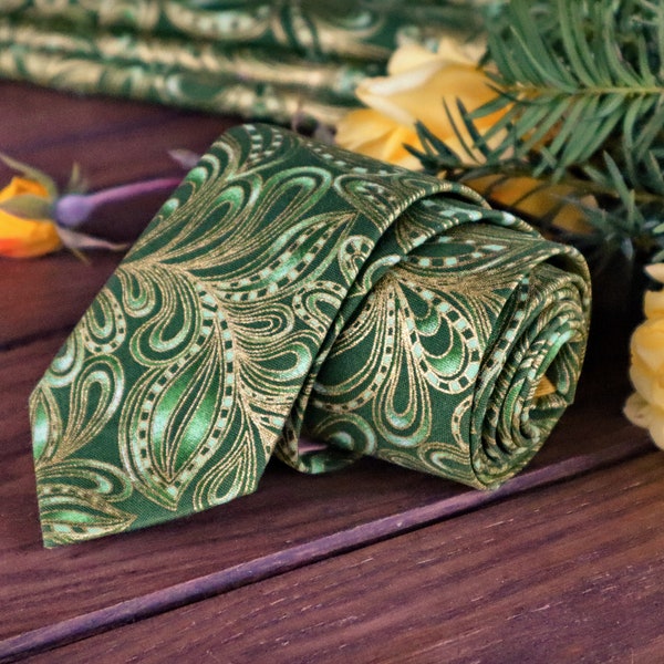 PAISLEY Tie  Forest Neckties Gold Featherly Men's skinny tie Green Metallic Ties Suspenders Pocket square BowTie Special Order