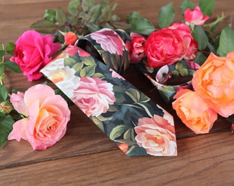 Tie Roses Wedding NeckTies Coral Floral Pink Flowers Men's skinny tie Petal Salmon Wedding Ties Bridal Rose Pocket square Special Order