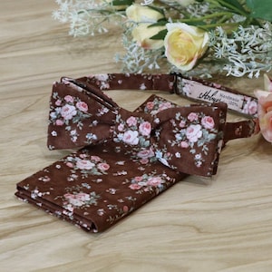 Bow Tie and Pocket square Set Dark Brown Floral Matching Reddish brown Bow-Tie & Pocket Square Set Hanky  Pink Peach Roses  Special Order