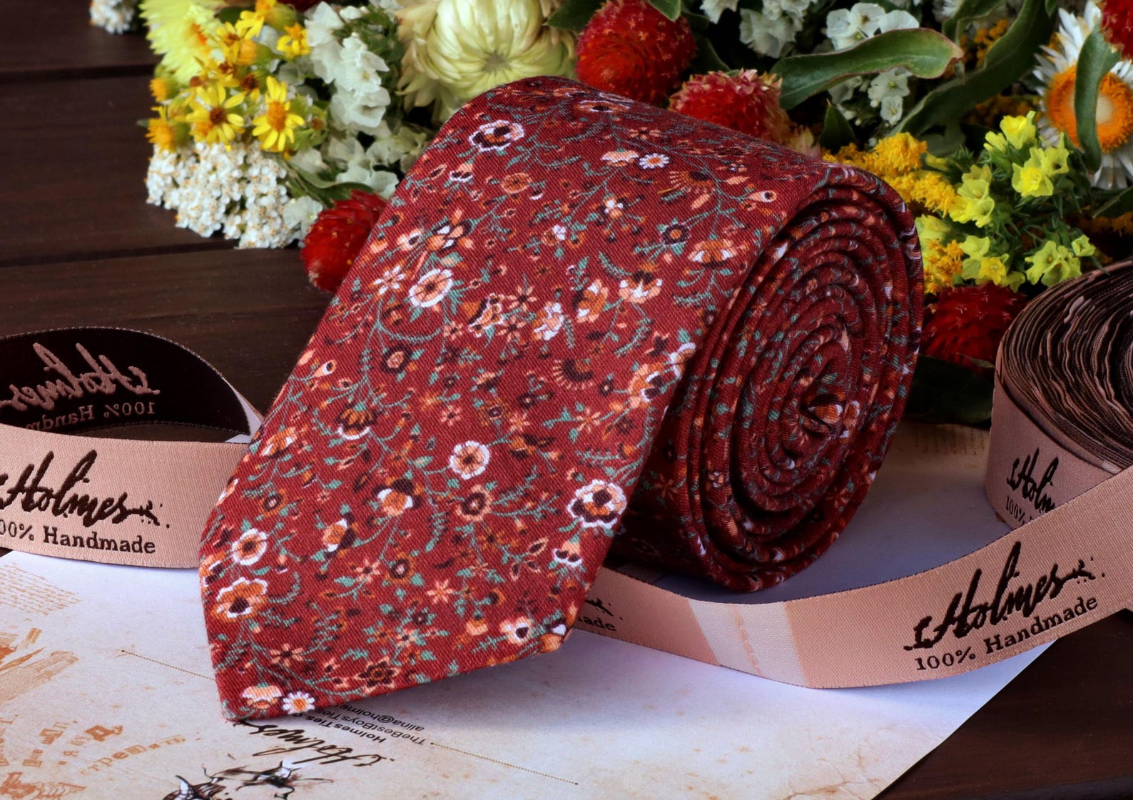Floral MAROON Tie Wedding Terracotta Wildflowers Fall Autumn Necktie ...