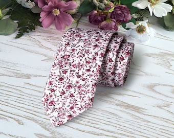 CHIANTI Floral Tie Wedding White WildFlowers WINE Necktie Cabernet Floral Skinny tie Maroon Wedding Ties Davids Bridal Necktie Special Order