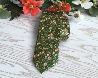 Green Floral Tie Wedding Burnt Orange WildFlowers Necktie Сinnamon Floral Skinny tie Wedding Ties Red Delicate Blooms Necktie Special Order