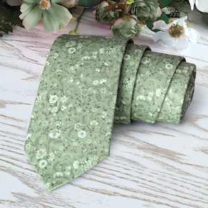 Floral Green Tie SAGE Wedding MOSS WildFlowers Dusty Sage AZAZIE Necktie Floral  Skinny tie Wedding Ties Delicate Blooms Sage Green Tie