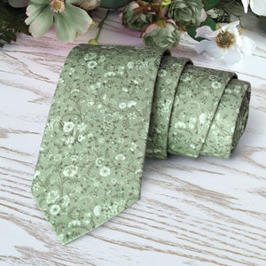 Floral SAGE Green Tie - Wedding MOSS Necktie Dusty Sage AZAZIE Wildflower Skinny Tie  Delicate Blooms Wedding Ties Green Groomsmen Tie