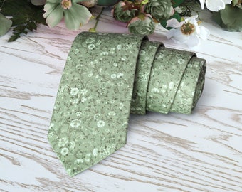 Floral Green Tie SAGE Wedding MOSS WildFlowers Dusty Sage AZAZIE Necktie Floral  Skinny tie Wedding Ties Delicate Blooms Sage Green Tie