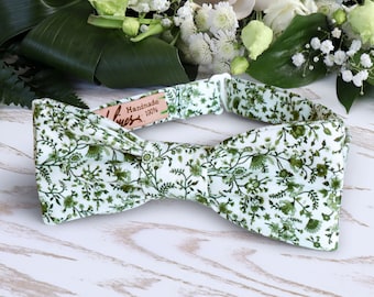 Bow Tie Green Floral White Bow-Tie Wedding WildFlowers Moss Cotton Floral Fern Grooms Green  BowTie Forest Special Order