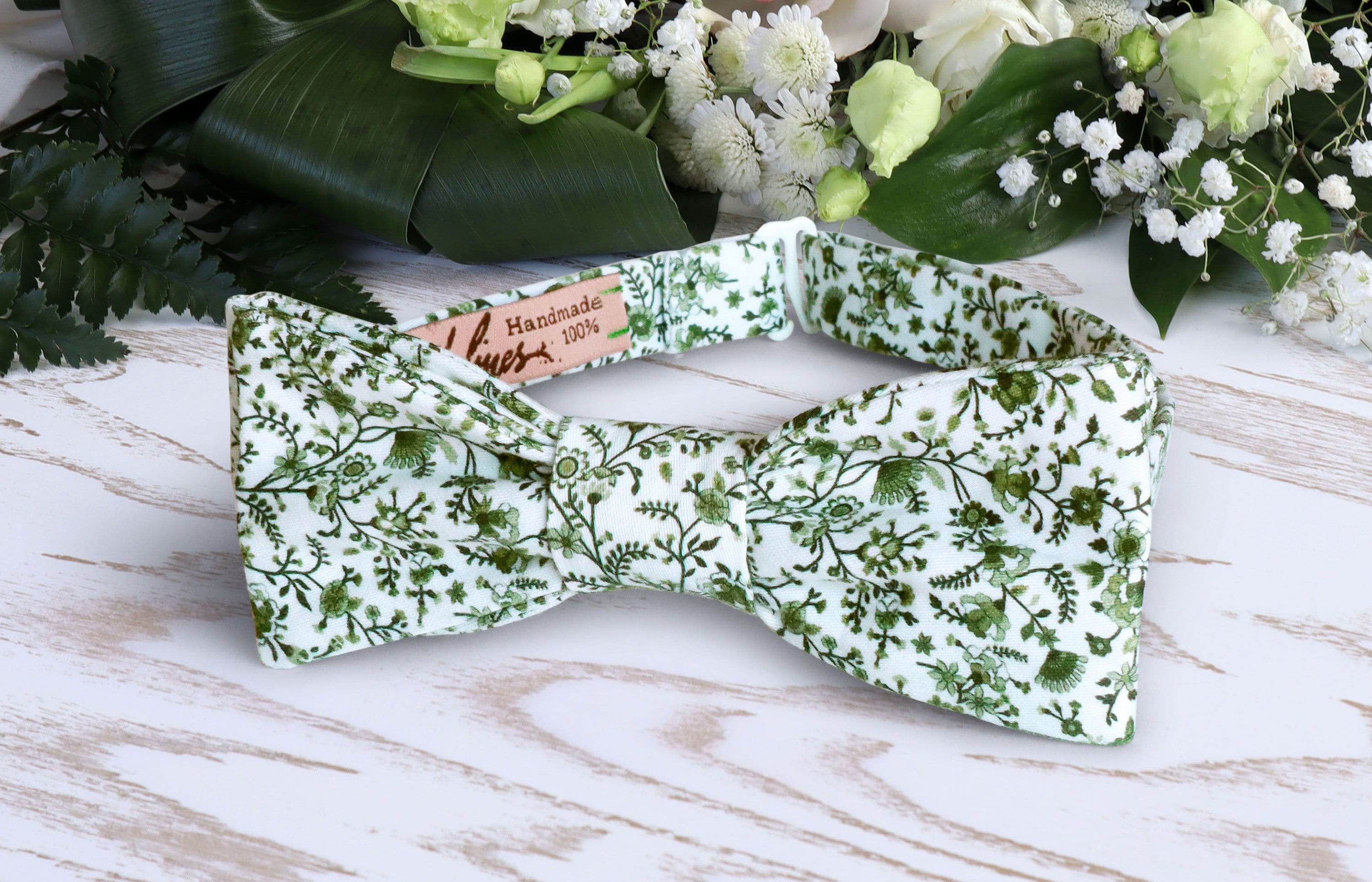 Bow Tie Green Floral White Bow-tie Wedding Wildflowers Moss Cotton
