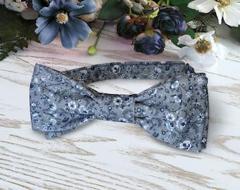 Bow Tie DUSTY BLUE Floral White Bow-Tie Wedding Slate WildFlowers Blue Floral Grey Grooms Steel Blue BowTie  Special Order