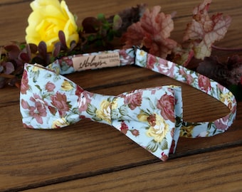 Floral Pale Blue Bow Tie SELF Tie  Mens bow ties BowTie Light blue Classic Bow-Tie PRE-TIED Floral Brown Bow Ties Wedding Bow Tie