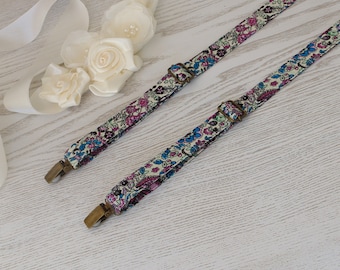 SUSPENDER  Ivory Floral Purple with Floral Violet  Cotton Ivory Floral Wedding Suspenders  Men's Suspenders Groomsmen Bow Tie