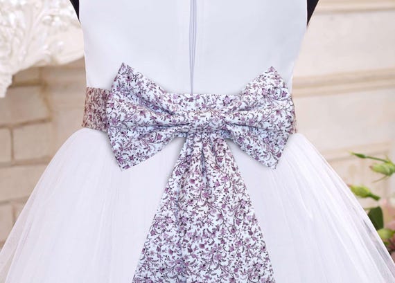 white dress with purple sash White Flower Girl Dress with Deep Purple Sash