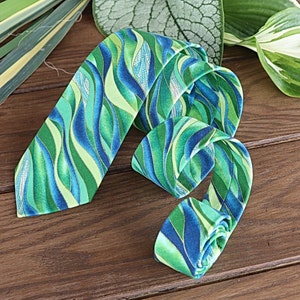 Tie Metallic Dancing Waves Emerald CLOVER David&#39;s Bridal  Men&#39;s skinny tie Blue Green Metallic Gold  Wedding Ties 100% Cotton Special Order