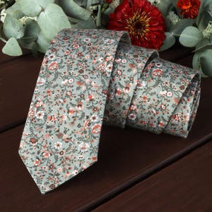 Floral Green Tie EUCALYPTUS Wedding Terracotta WildFlowers Sage Necktie Burnt Orange Floral Skinny tie Wedding Ties Delicate Blooms Rust Tie