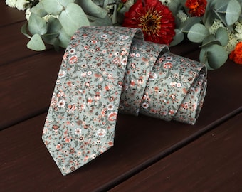 Floral Green Tie EUCALYPTUS Wedding Terracotta WildFlowers Sage Necktie Burnt Orange Floral Skinny tie Wedding Ties Delicate Blooms Rust Tie