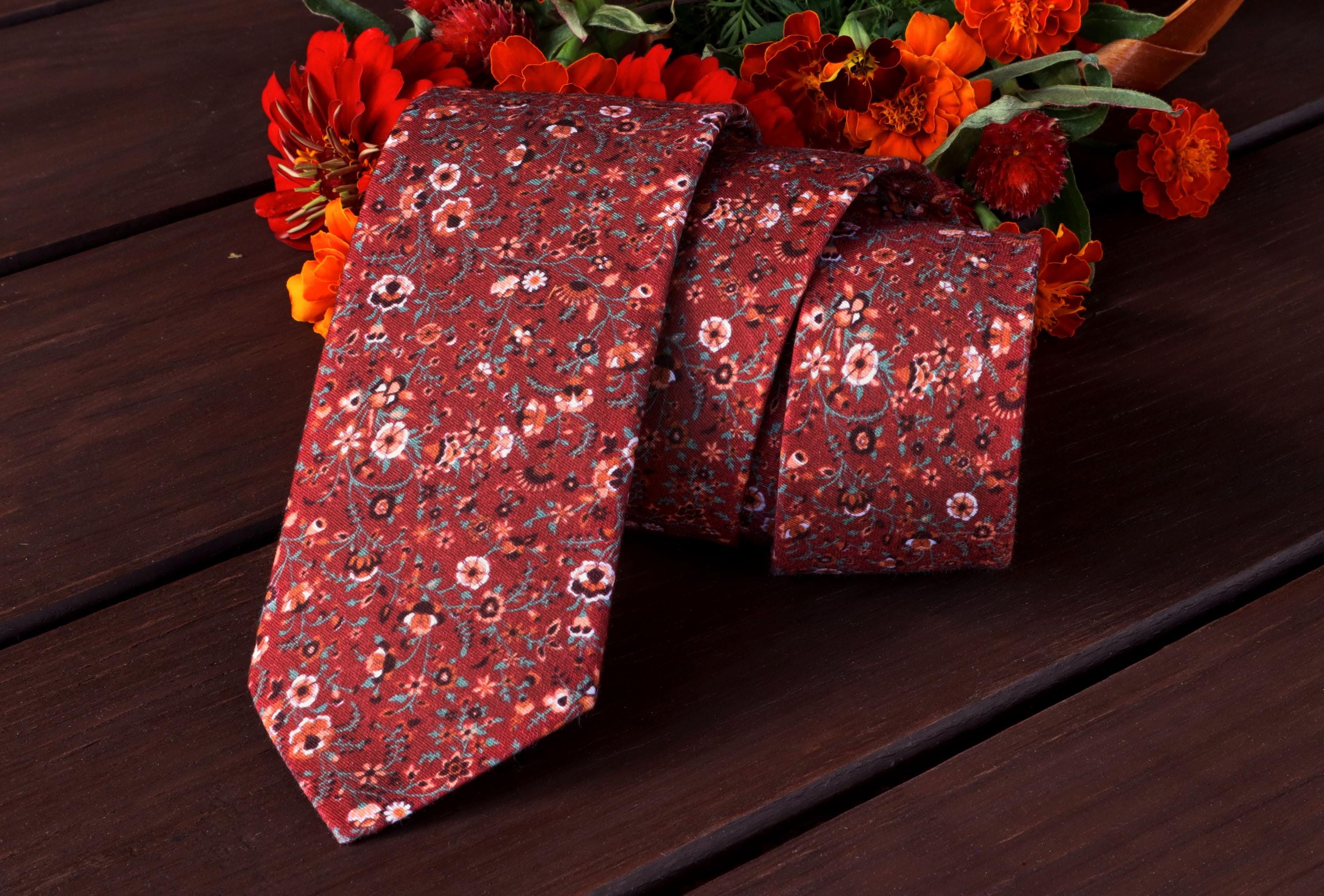 Floral MAROON Tie Wedding Terracotta Wildflowers Fall Autumn Necktie ...