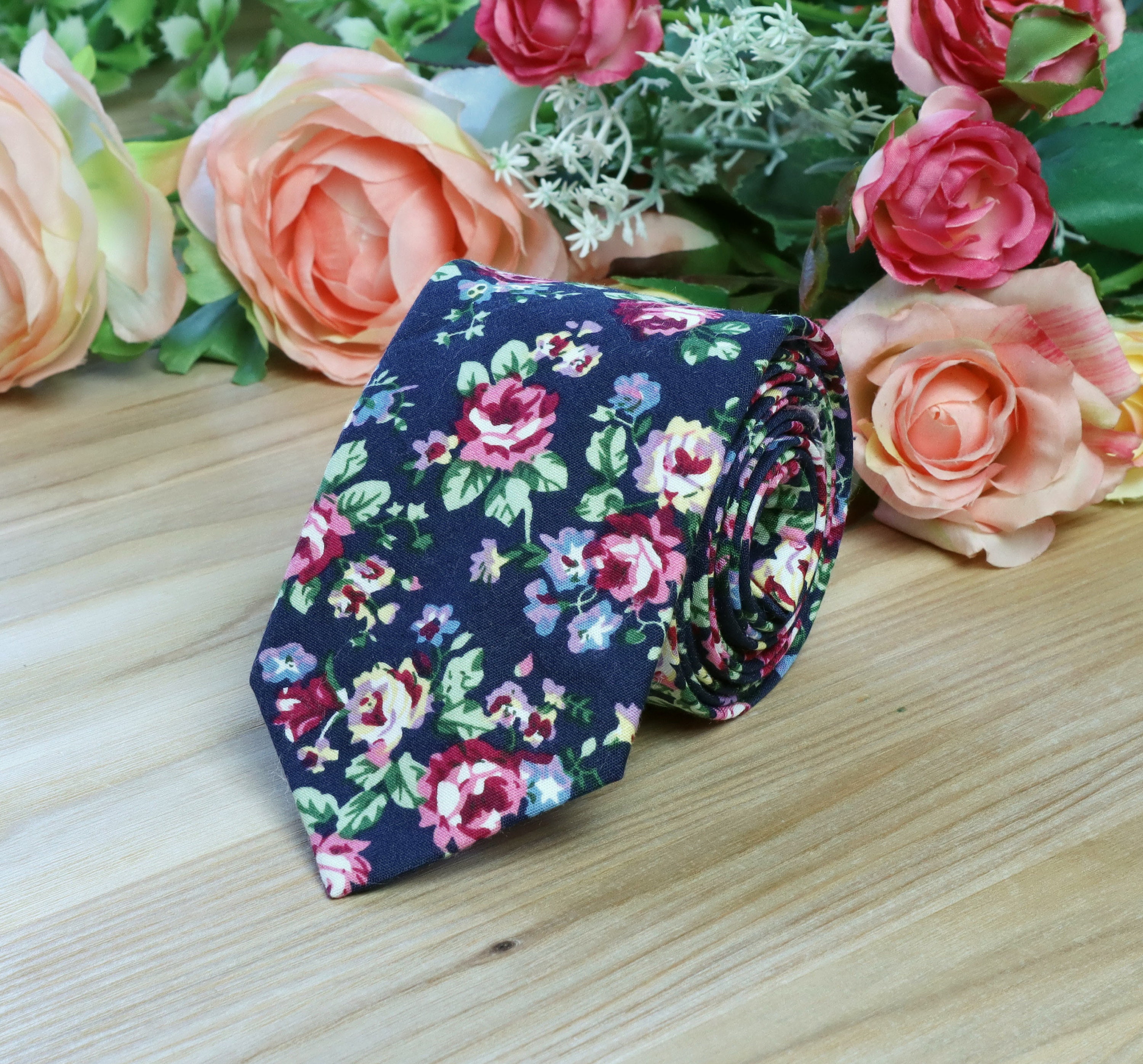 blue and pink floral bow tie