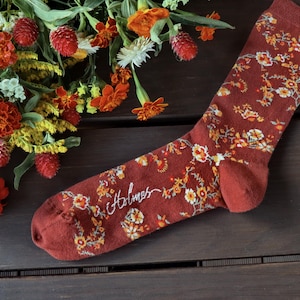 Groomsmen Socks Floral Cinnamon Wildflowers | Terracotta Burnt Orange Rustic Wedding Cotton Men&#39;s Socks | Groom&#39;s Wedding Socks