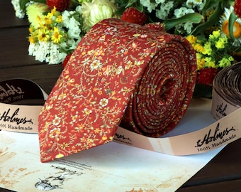 Burnt Orange Floral Tie - SIENNA Fall Wedding Necktie, Terracotta Wildflower Ties  Autumn Rust Wedding Skinny Tie Delicate Blooms Floral Tie