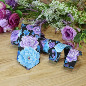 Floral Tie Metallic Purple Blue Roses Men&#39;s skinny tie Violet Metallic Gold  Wedding Ties 100% Cotton Special Order