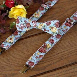 SUSPENDER and BOWTIE SET Floral Pale Blue  Wedding Suspenders Bow Tie Orange Floral  Men's Suspenders Floral Brown