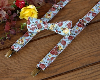 SUSPENDER and BOWTIE SET Floral Pale Blue  Wedding Suspenders Bow Tie Orange Floral  Men's Suspenders Floral Brown