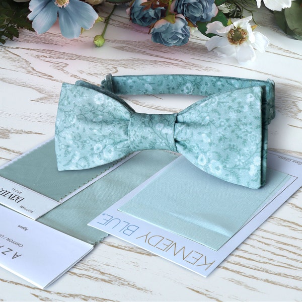 Bow Tie Green Floral White DUSTY SAGE David's Bridal Agave Bow-Tie Wedding WildFlowers Sage Green Cotton Floral  See Glass Grooms BowTie