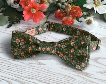 Bow Tie Green Floral Burnt Orange Bow-Tie Wedding WildFlowers Сinnamon Cotton Floral Red Grooms Green Rust BowTie Terracotta Special Order