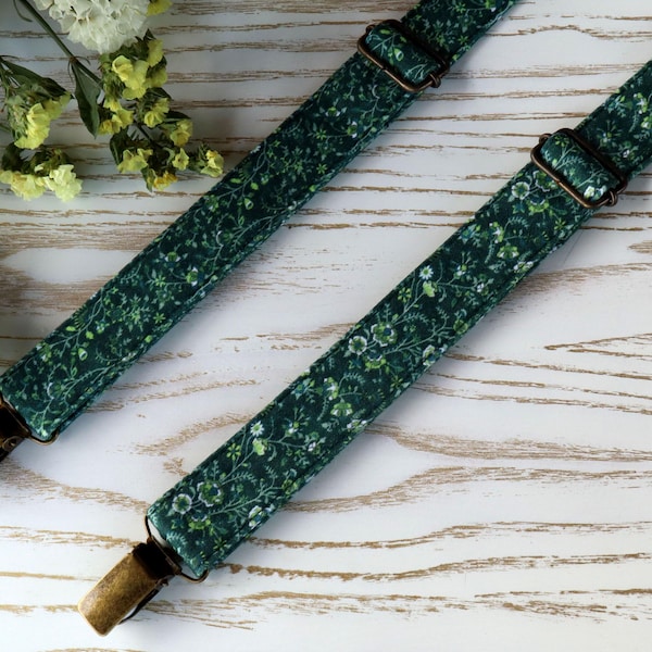 Tirantes Florales Verde Esmeralda - Tirantes de Flores Silvestres para Hombre, Tirantes de Boda Verde Oscuro, Tirantes Rústicos para Padrinos de Boda Tirantes Florales