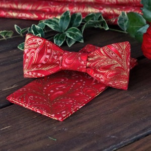 Fliege und Einstecktuch Set RED PAISLEY Gold Passende Einstecktuch Rot Metallic Featherly Herren Taschentuch Special Order