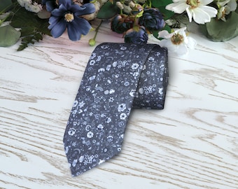 BLUE Floral Tie Wedding Steel Blue WildFlowers White Necktie Navy Blue Floral Skinny tie Wedding Slate Ties  Necktie Special Order