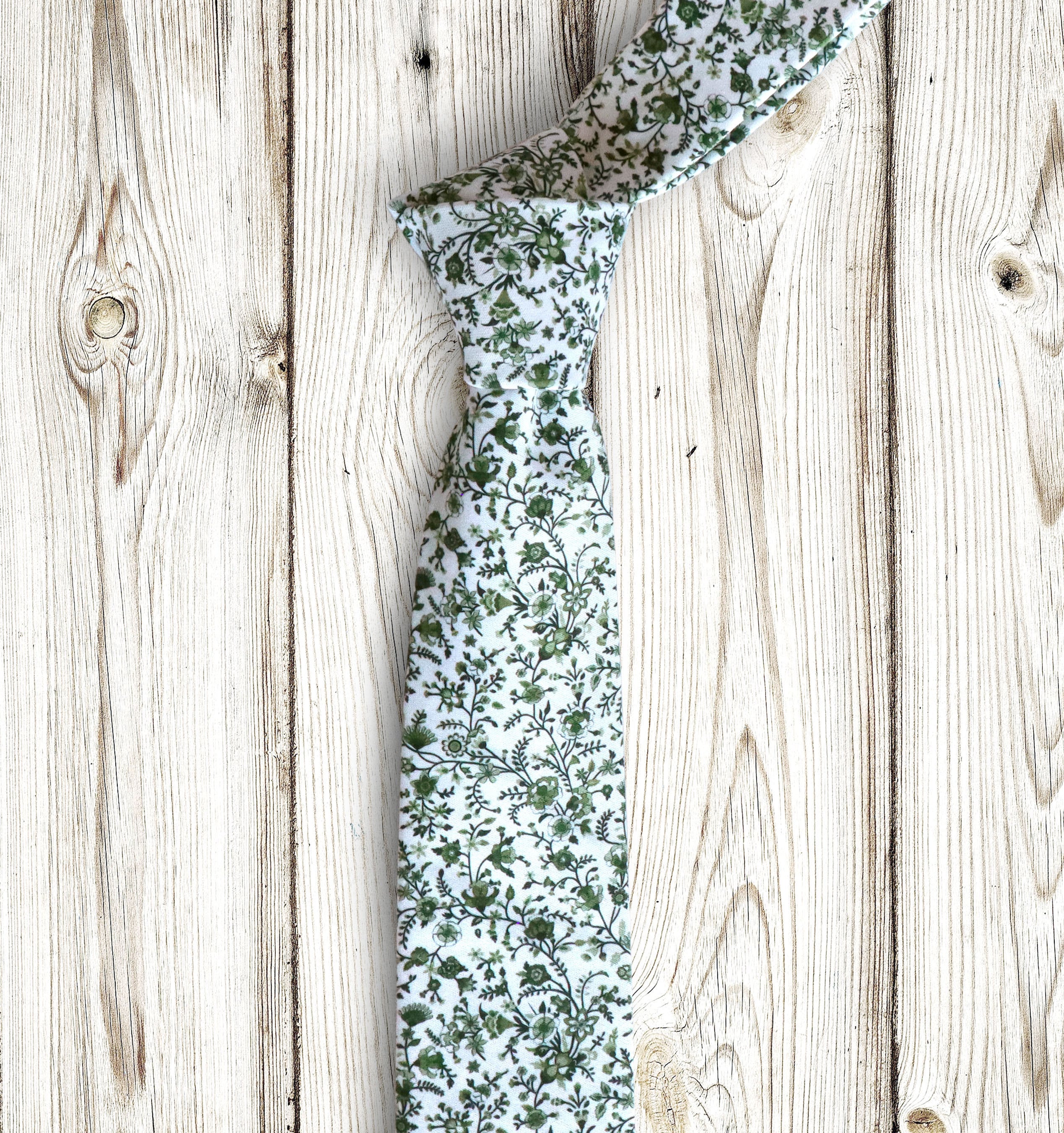 Green Floral Tie White Wedding Moss Wildflowers Necktie Fern