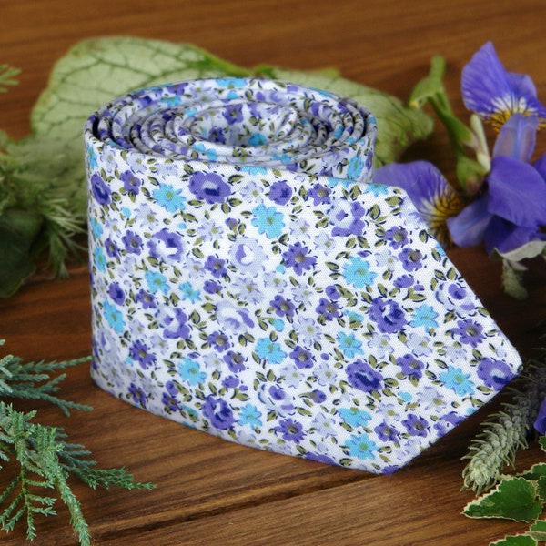 Tie Violet  Liberty of London Blue Radiance Floral Tie  Custom White Tie  Wedding Tie  Groomsmen Tie  Wedding Party Cotton Special Order