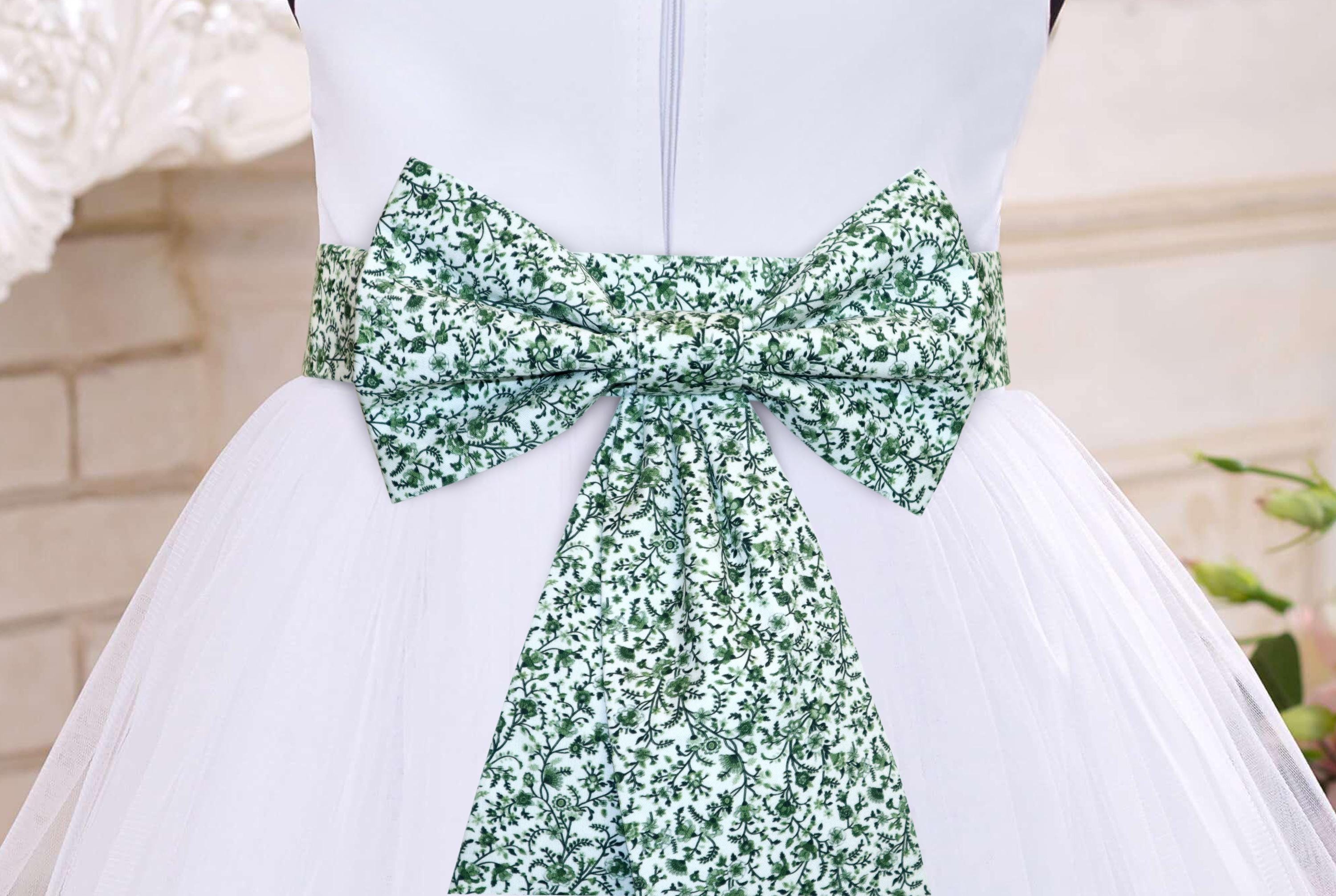 White Flower Girl Dress With Green Sash - Etsy