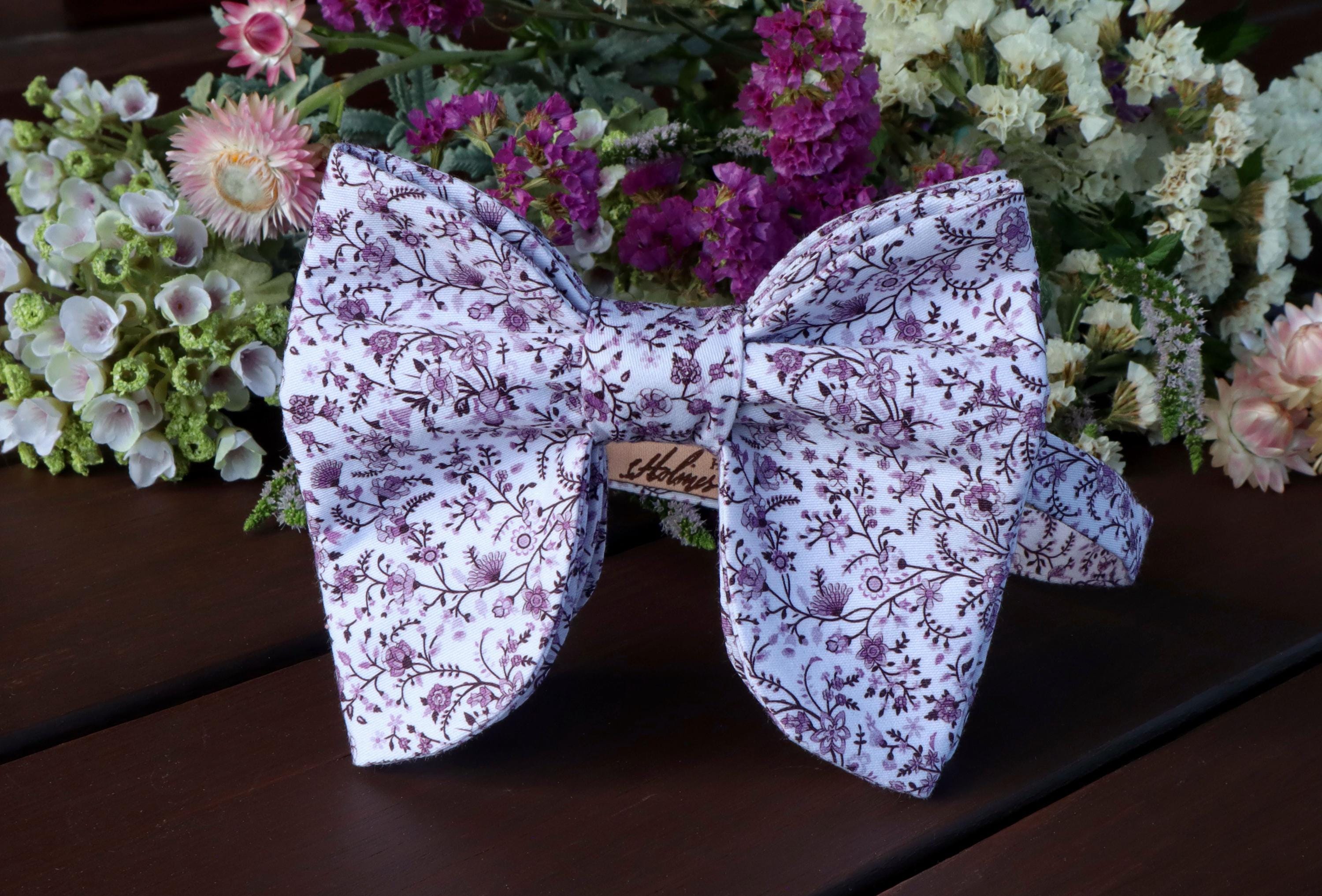 Bow Tie LAVENDER Floral White Bow-tie Wedding Wildflowers Purple
