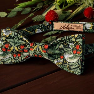 Bow Tie Dark Green Floral - Strawberry Thief Bird Bow-Tie Flower Garden Birds Bowtie Self-Tie Pre-Tied Wedding Sage Green Liberty BowTie