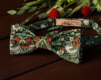 Bow Tie Dark Green Floral - Strawberry Thief Bird Bow-Tie Flower Garden Birds Bowtie Self-Tie Pre-Tied Wedding Sage Green Liberty BowTie