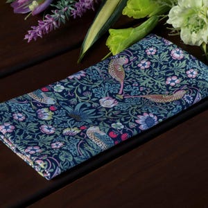 Liberty Pocket Square - Green Blue Strawberry Thief Bird Wedding Handkerchief, Teal Floral Matching Hanky, Sage Garden Birds Special Order