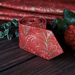 RED PAISLEY Tie Neckties Gold Featherly Men&#39;s skinny tie red Metallic Ties Suspenders Pocket square BowTie Special Order