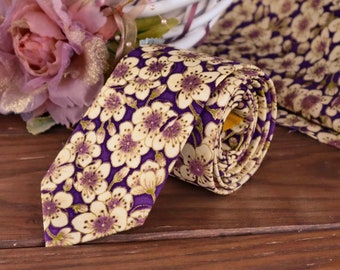 SAKURA Blossoms Tie Neckties Purple Cream Cherry Men's skinny tie Gold Metallic Ties Suspenders Pocket square BowTie Special Order
