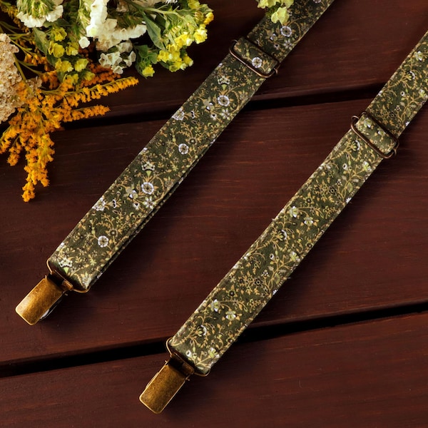 Tirantes OLIVA Floral - Tirantes WildFlowers dorados viejos para hombre, Tirantes verdes para boda, Tirantes rústicos florales para padrinos de boda