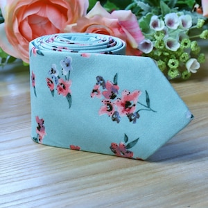 EUCALYPTUS BLUE Floral Tie CORAL Flowers Men&#39;s skinny tie Pale mint  Floral  Peach Flowers Ties Groom Cotton Special Order