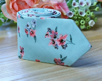 EUCALYPTUS BLUE Floral Tie CORAL Flowers Men's skinny tie Pale mint  Floral  Peach Flowers Ties Groom Cotton Special Order
