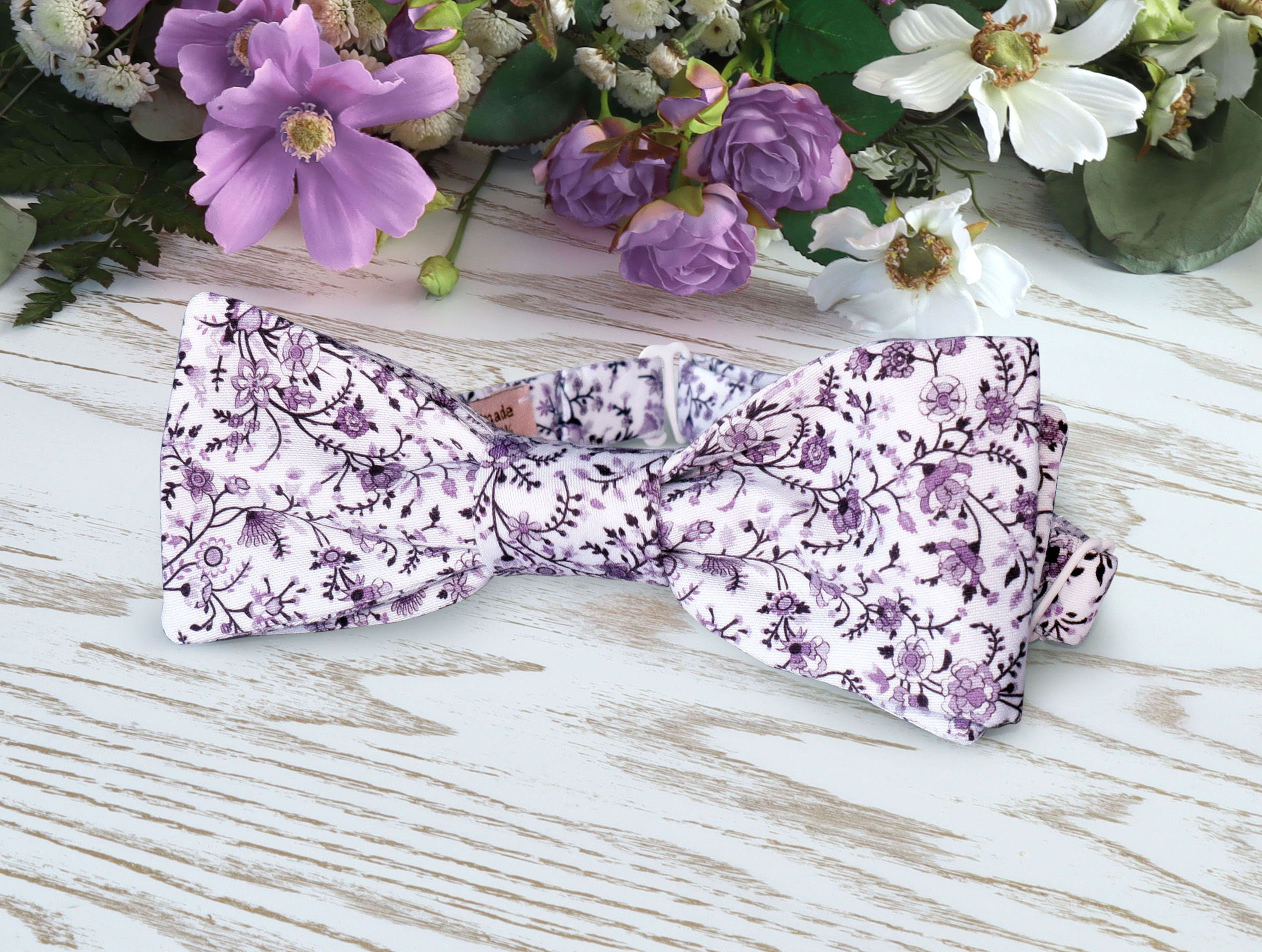 Bow Tie LAVENDER Floral White Bow-tie Wedding Wildflowers Purple