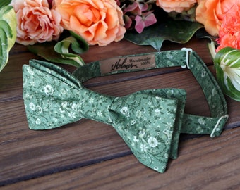 Bow Tie Floral Green Bow-Tie Wedding White WildFlowers DUSTY SAGE David's Bridal Cotton  Floral Wedding Green Custom BowTie  Special Order