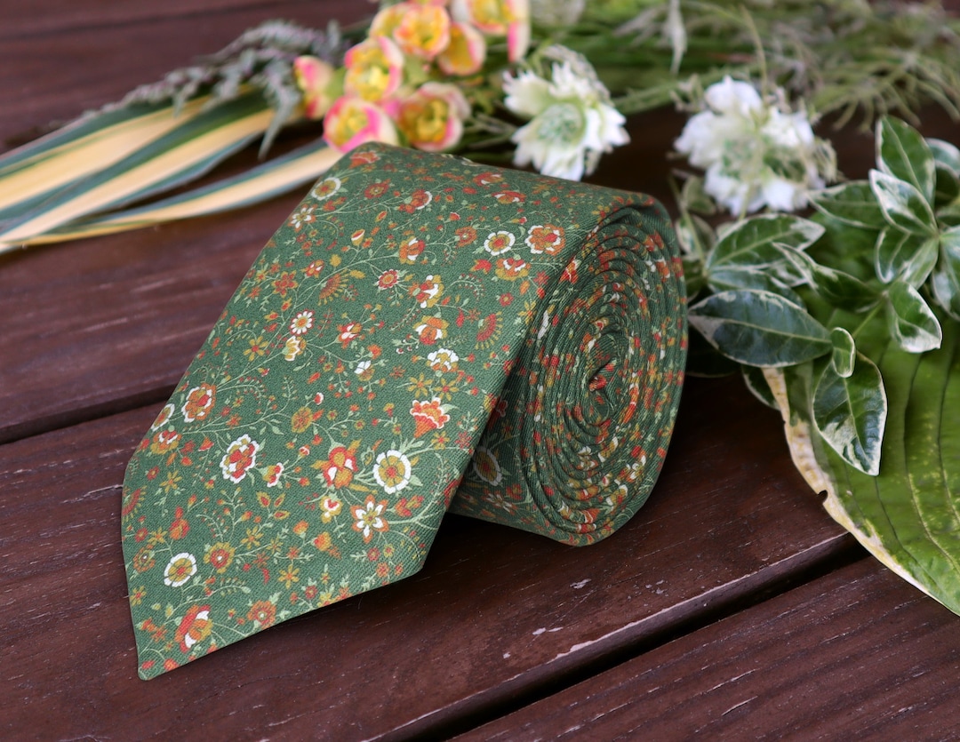 Green Herbal Floral Necktie Wedding Sedona Wildflowers Tie Sienna