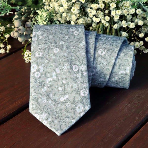 Greenery grau Floral Krawatte Hochzeit Wildblumen Muted Grün Krawatte weich grau-grün Skinny krawatte Delphin Haut Hochzeit Krawatten Sonderbestellung