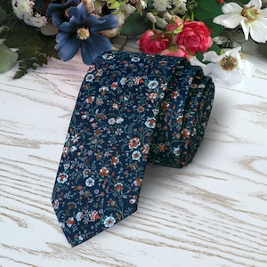 BLUE Floral Tie Wedding Marine WildFlowers Cinnamon Necktie Terracotta Floral Skinny tie Wedding Ties Davids Bridal Necktie Special Order