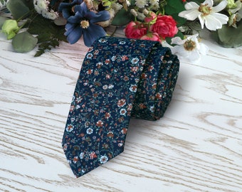 BLUE Floral Tie Wedding Marine WildFlowers Cinnamon Necktie Terracotta Floral Skinny tie Wedding Ties Davids Bridal Necktie Special Order