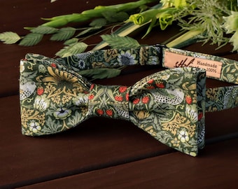 Bow Tie Olive Floral - Strawberry Thief Bird Bow-Tie Flower Garden Birds Eucalyptus Bowtie Self-Tie Pre-Tied Wedding Old gold Liberty BowTie